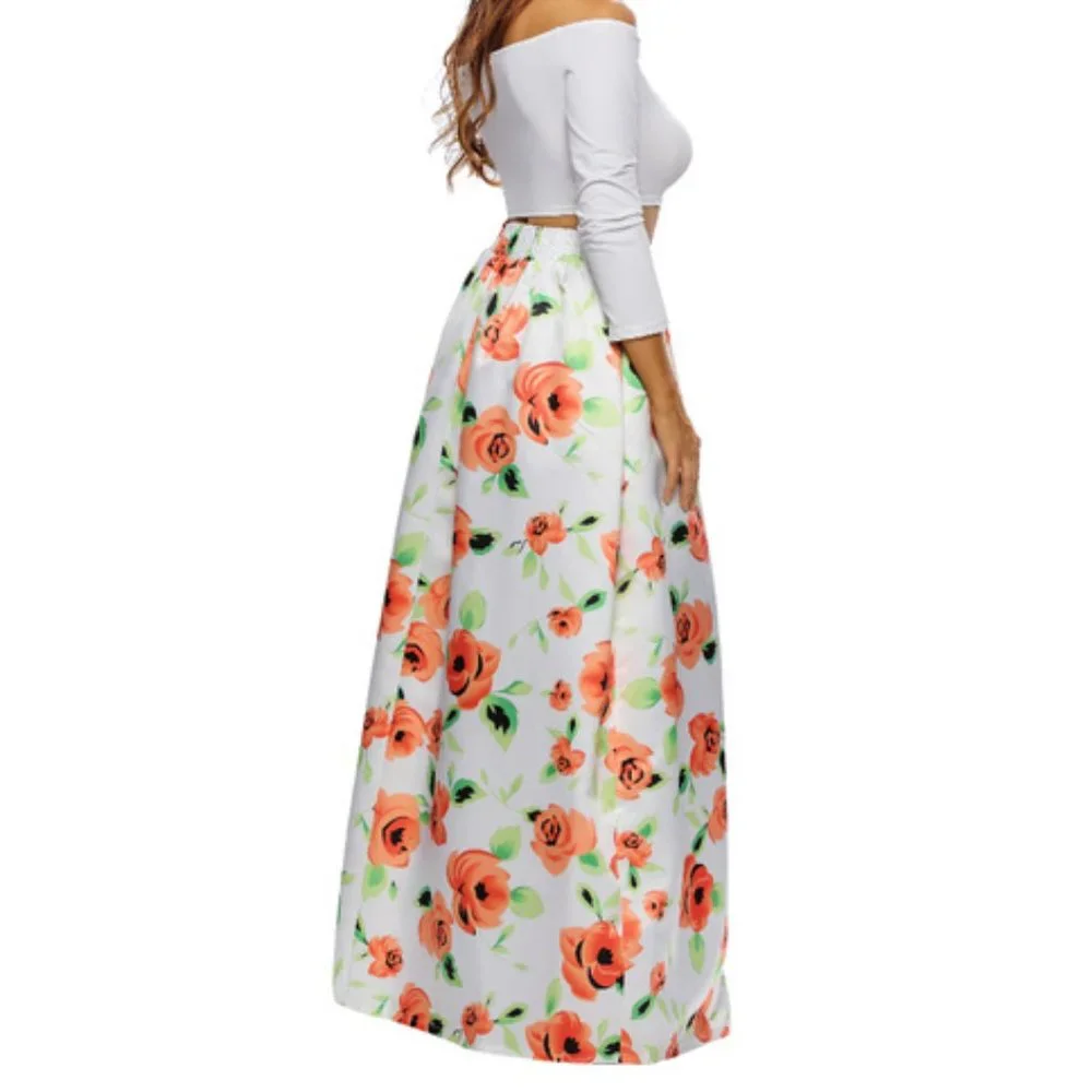 White Orange Flower African Print Floral Maxi Skirt Women's Size XL - Picture 2 of 9
